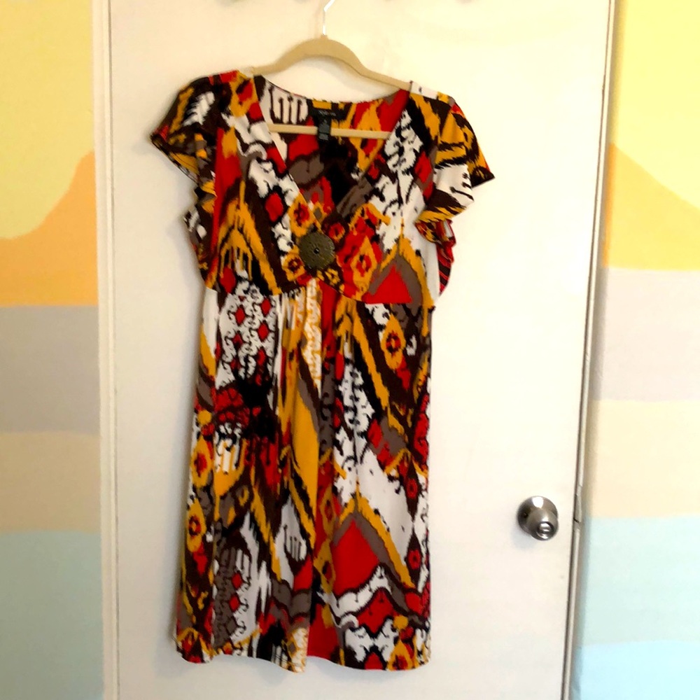 Stretchy Knit Flutter Sleeve and Medallion Dress